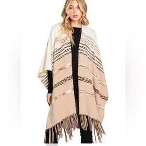 NWT: Women's Cream Multi-StripeFringe Poncho One Size